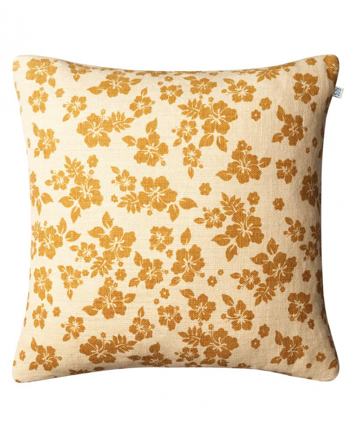 Yellow linen cushion cover with flowers